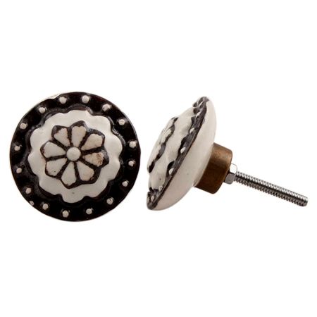 White Floral Black Circle Knob